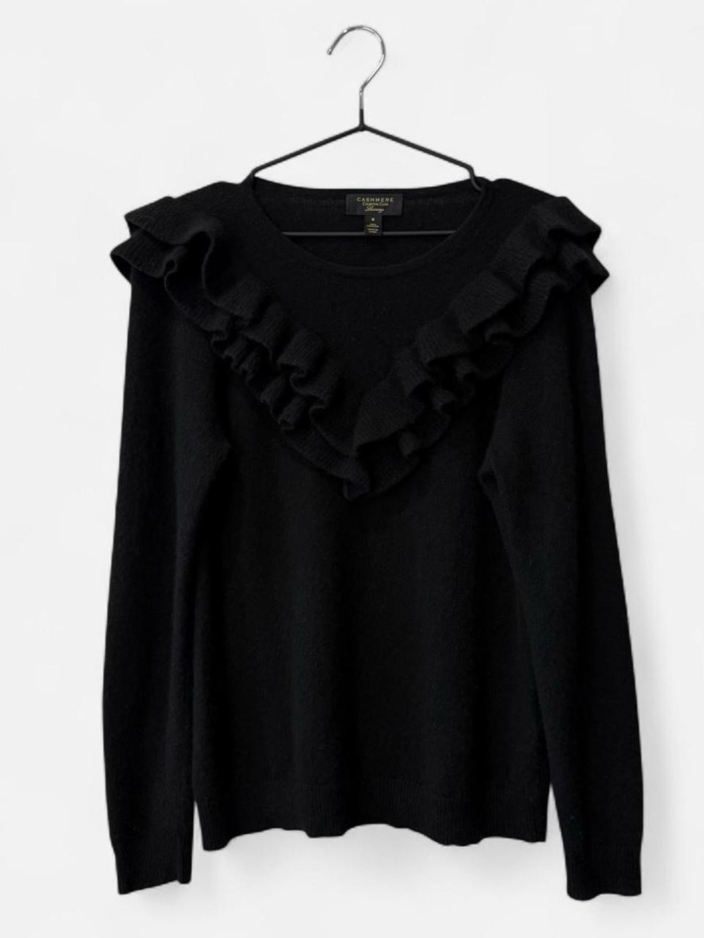 Quiet luxury cozy Black 100% cashmere sweater with coquette ruffle whimsy goth